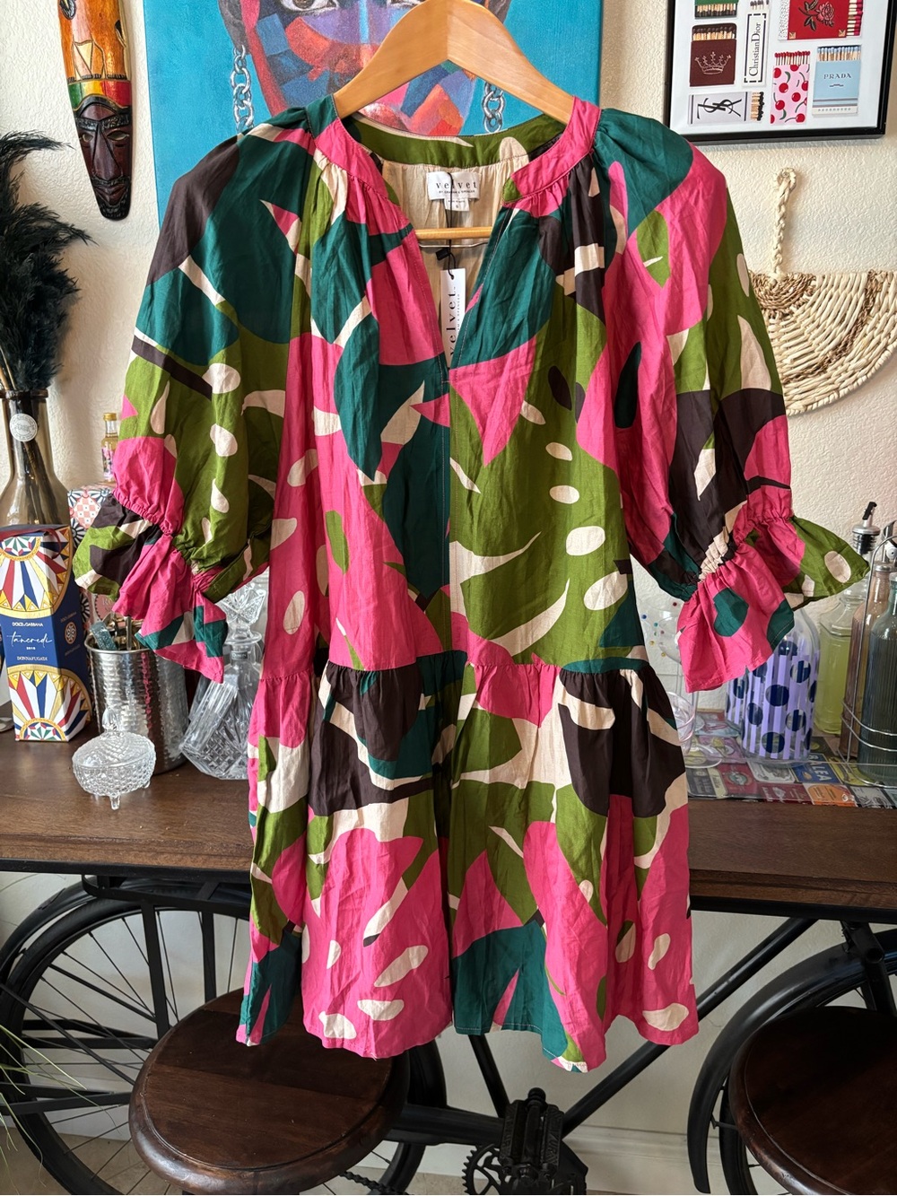 Brand New! Velvet Pink & Green Abstract Floral Mini Dress (Size: Small)